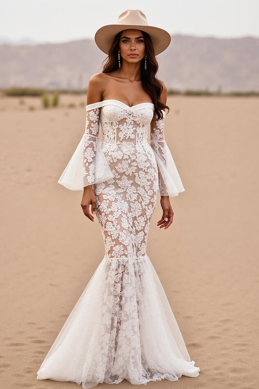 Boho Corset Mermaid White Lace Western Wedding Dress with Sleeves