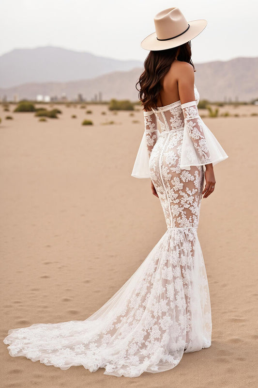 Boho Corset Mermaid White Lace Western Wedding Dress with Sleeves