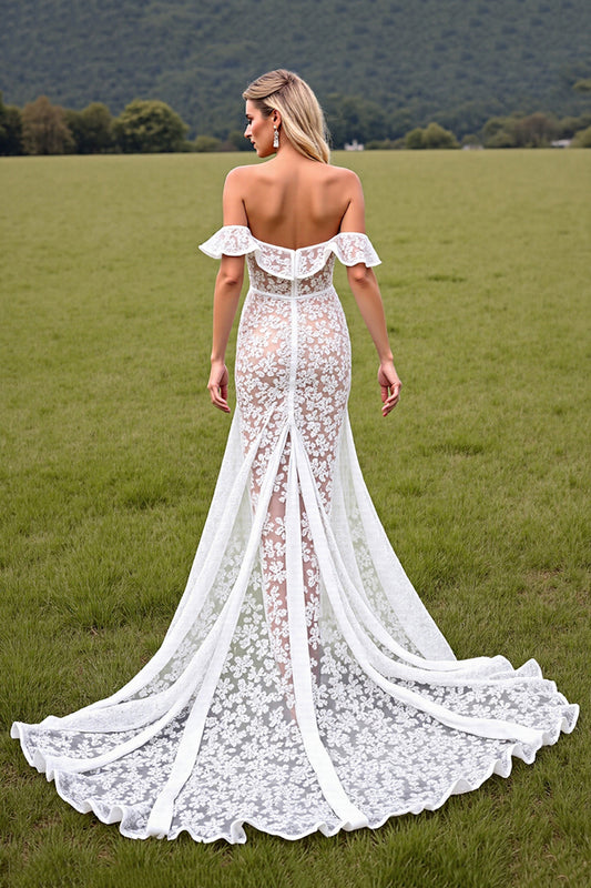 White Lace Corset Off the Shouder High-Low Boho Western Wedding Dress