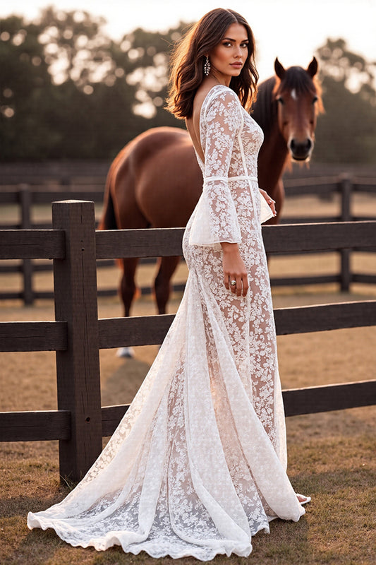 Boho Lace Corset White Flare Sleeves Western Wedding Dress with Slit