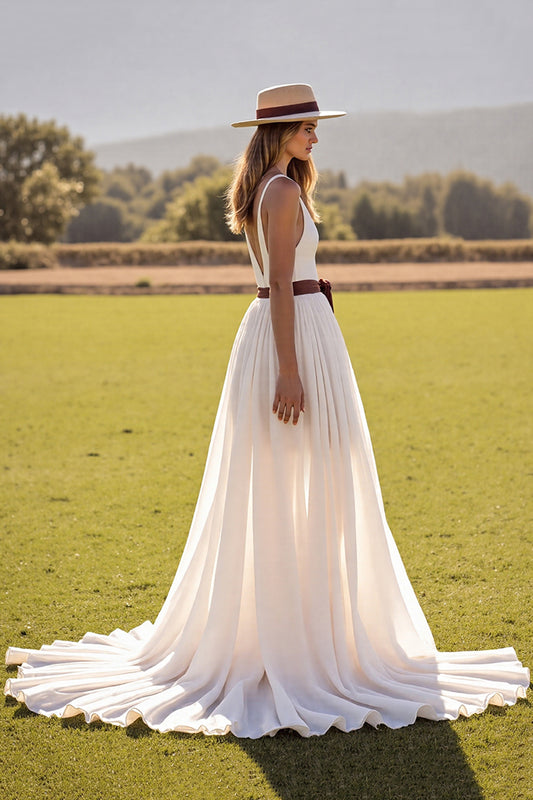 Boho Chiffon White V-Neck Sweep Train Western Wedding Dress