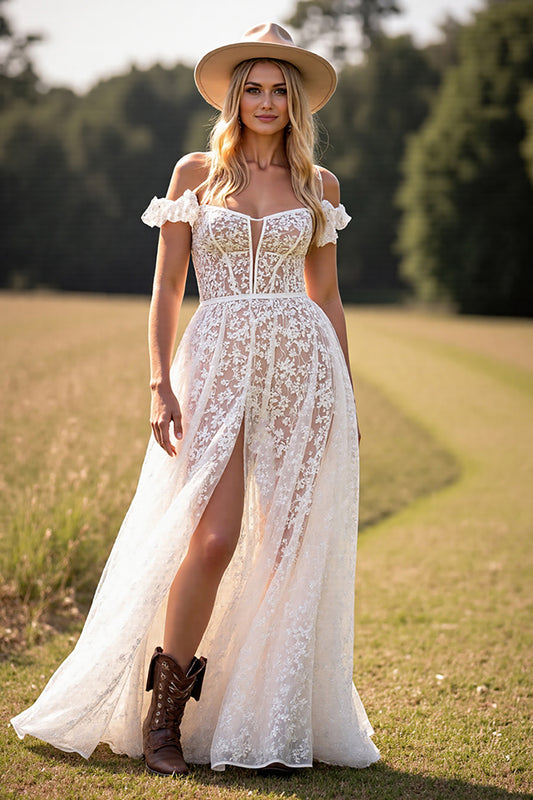White Corset Lace Ruffled Sweep Train Boho Western Wedding Dress with Slit
