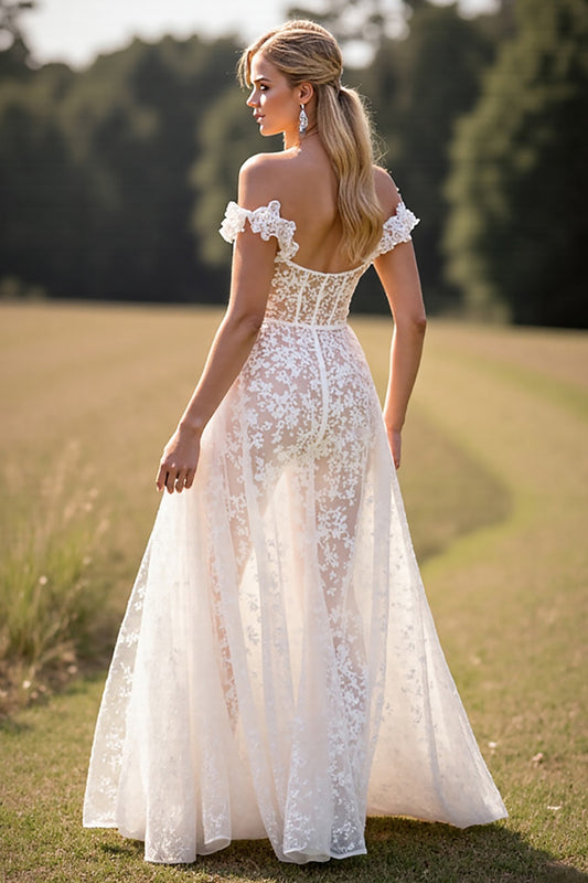 White Corset Lace Ruffled Sweep Train Boho Western Wedding Dress with Slit