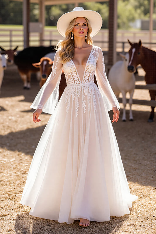 White Corset Boho Long Sleeves Western Wedding Dress with Appliques