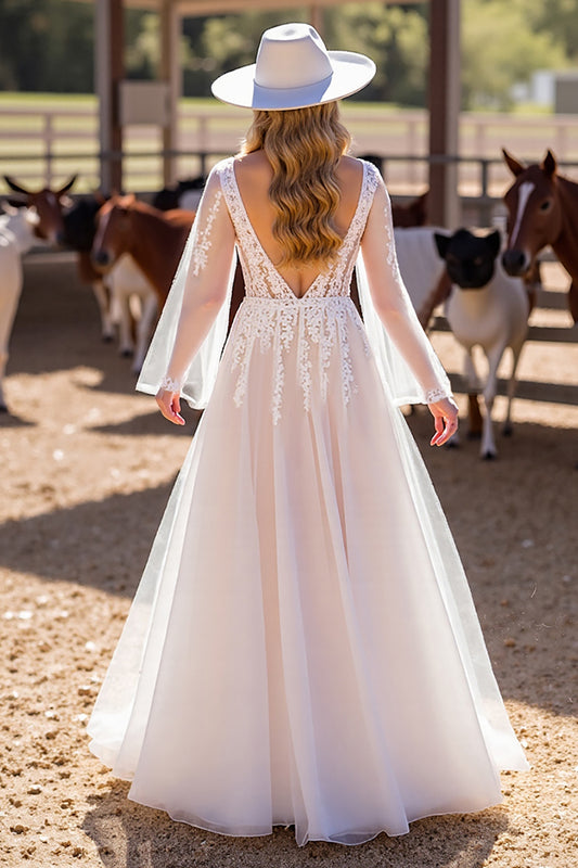 White Corset Boho Long Sleeves Western Wedding Dress with Appliques