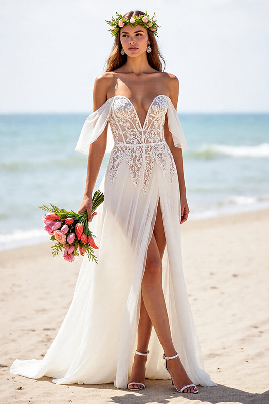 White Corset Chiffon Boho Wedding Dress with Lace