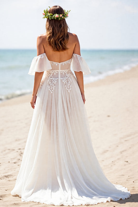 White Corset Chiffon Boho Wedding Dress with Lace