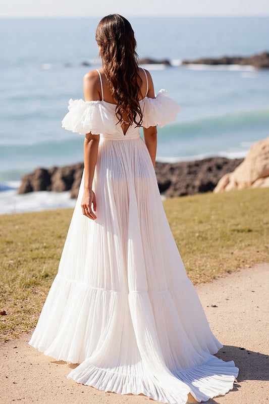 White V-Neck Puff Sleeves Sweep Train Wedding Dress