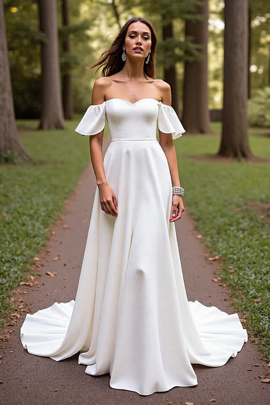 White Satin Off the Shoulder Sweep Train Wedding Dress with Sleeves