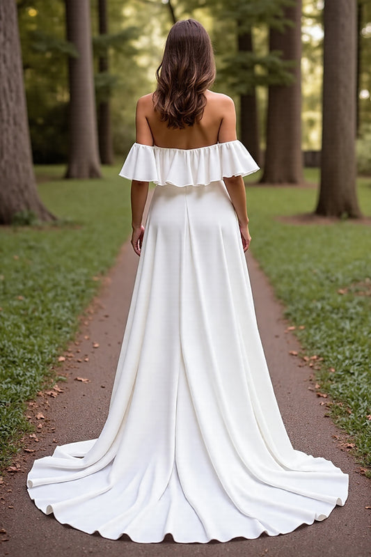 White Satin Off the Shoulder Sweep Train Wedding Dress with Sleeves