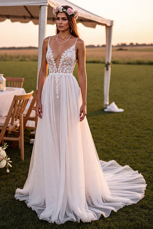 Spaghetti Straps White Boho Sweep Train Wedding Dress with Lace