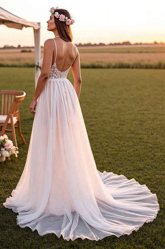 Spaghetti Straps White Boho Sweep Train Wedding Dress with Lace