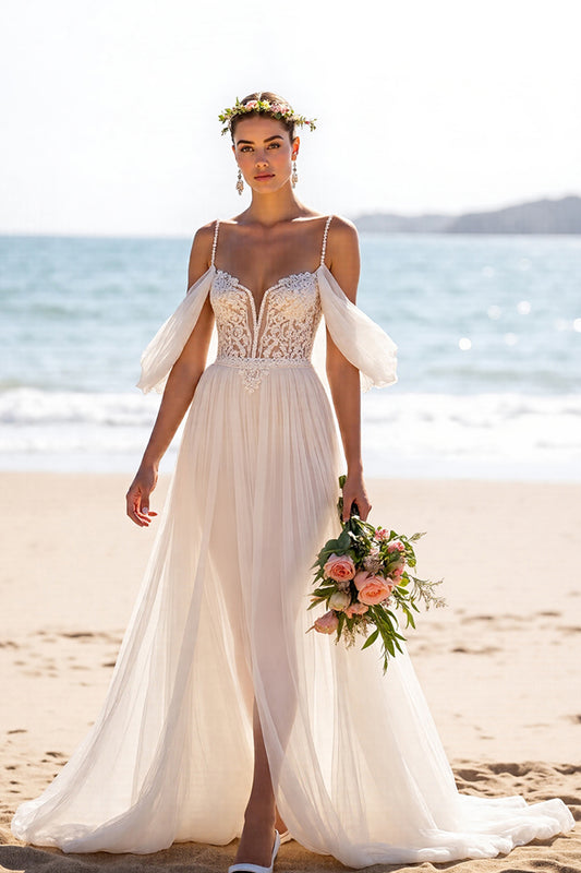 Boho Chiffon White A Line Sweep Train Wedding Dress with Slit