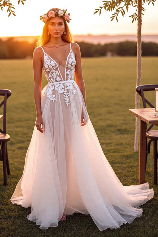 Boho Tulle White Spaghetti Straps Sweep Train Wedding Dress with Lace