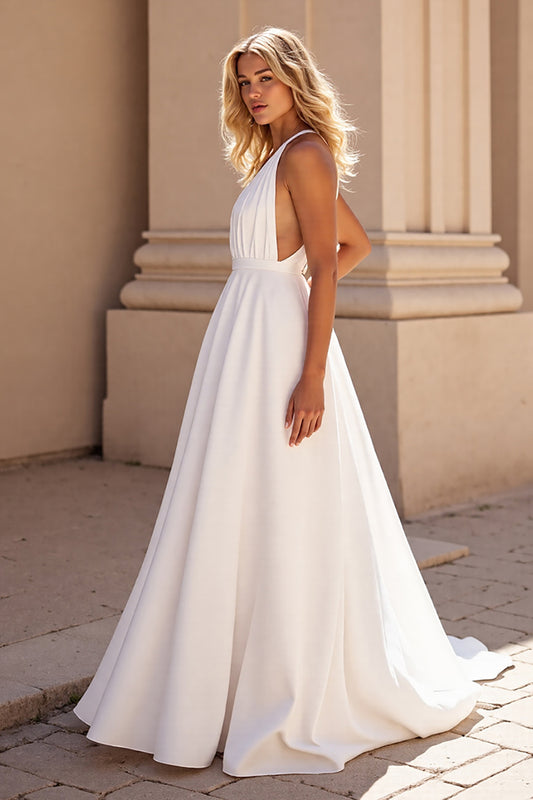 Simple Halter White Sweep Train Satin Wedding Dress
