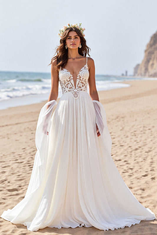 Chiffon A Line Beach Sweep Train Wedding Dress with Lace