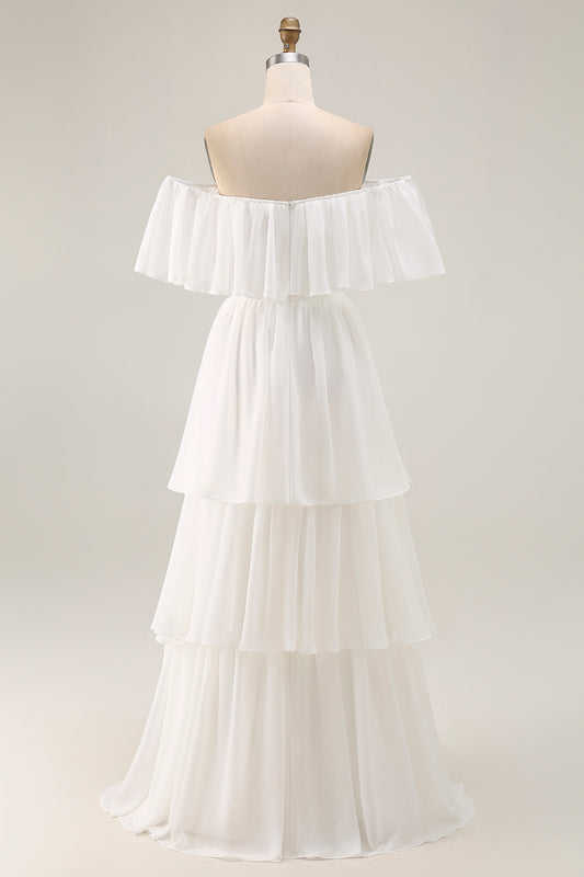 White Chiffon Off the Shoulder Tiered Boho Sweep Train Wedding Dress