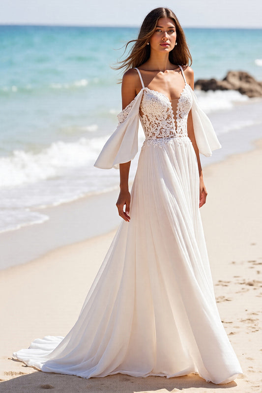 Chiffon Boho Cold Shoulder White Sweep Train Wedding Dress with Sleeves