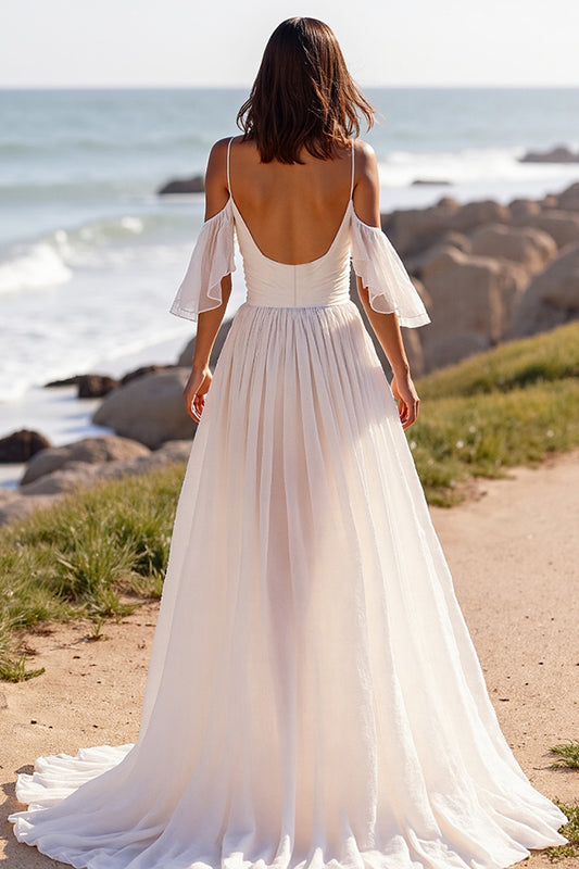 White Chiffon Boho Sweep Train Wedding Dress with Ruffles