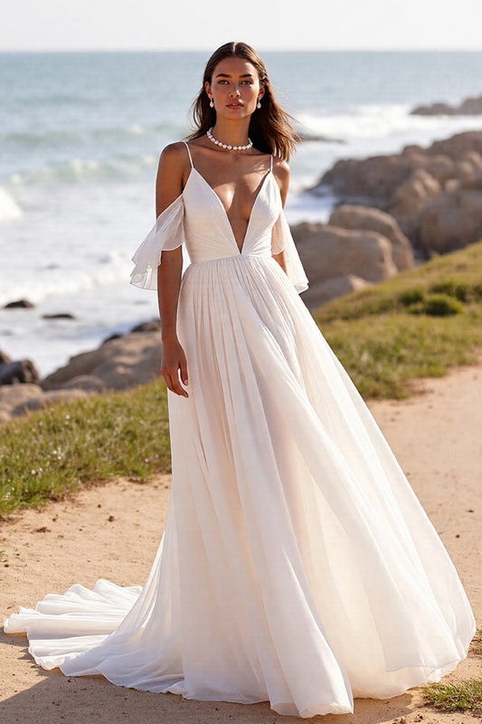 White Chiffon Boho Sweep Train Wedding Dress with Ruffles