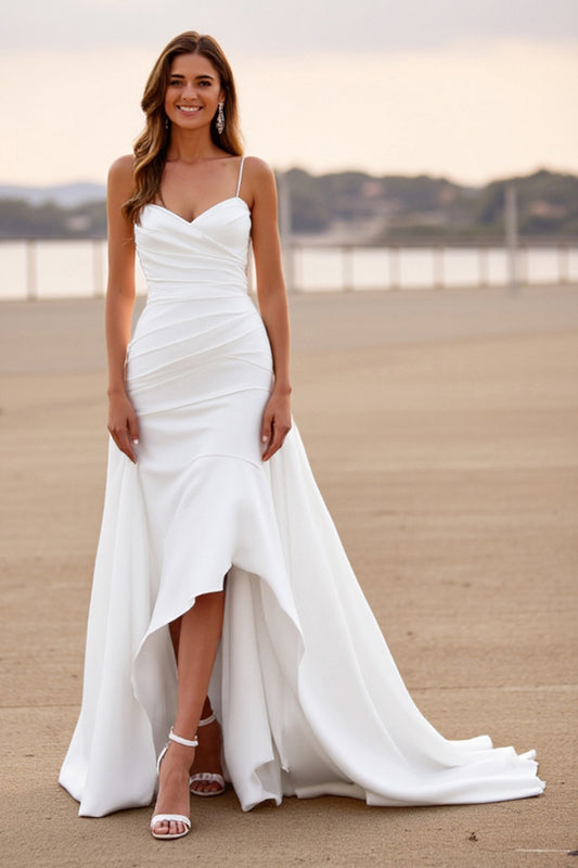 White Satin Ruched Sheath High-Low Wedding Dress