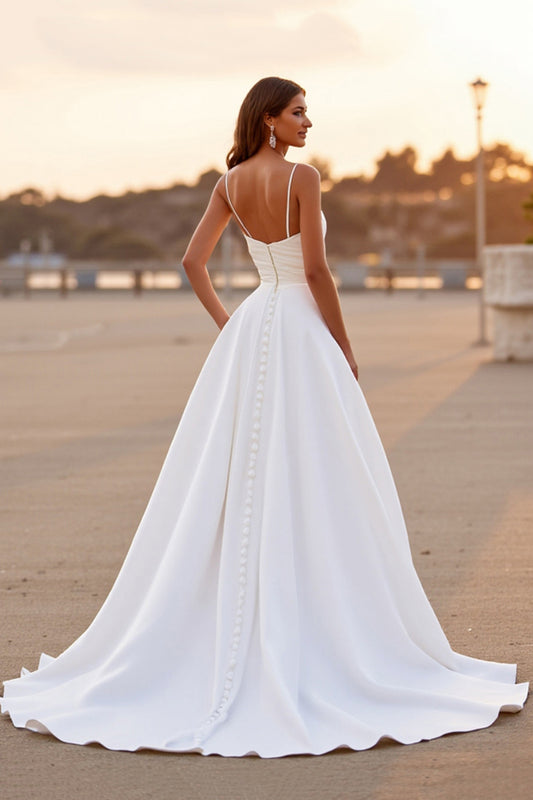 White Satin Ruched Sheath High-Low Wedding Dress