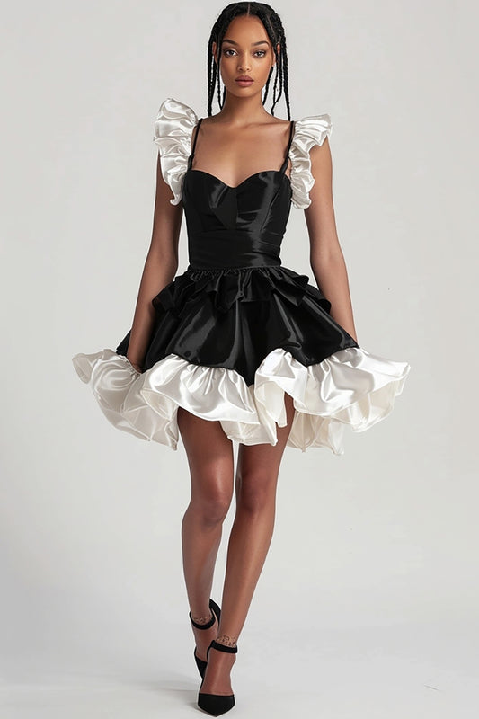 Black Satin Tiered A Line Short Cocktail Dress with Ruffles