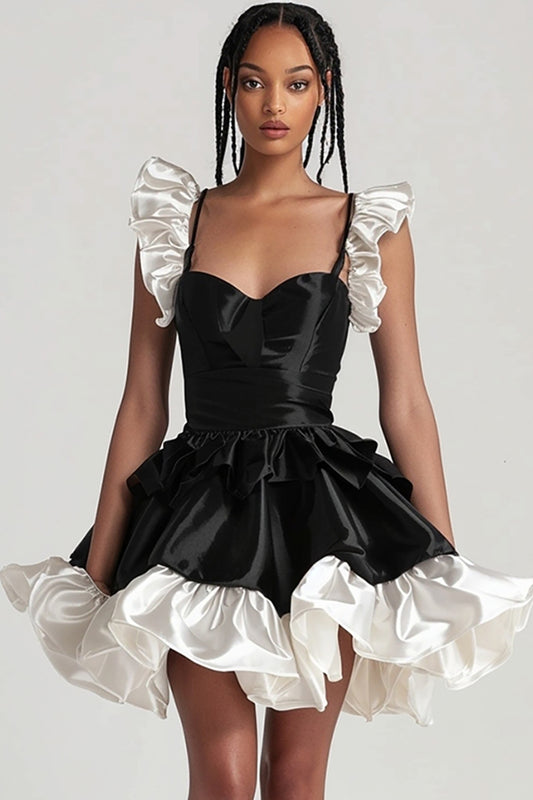 Black Satin Tiered A Line Short Cocktail Dress with Ruffles