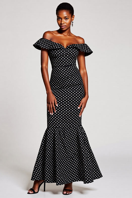 Black and White Mermaid Off the Shoulder Maxi Polka Dot Dress