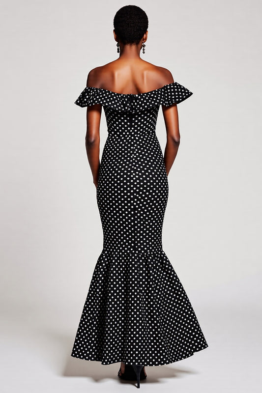 Black and White Mermaid Off the Shoulder Maxi Polka Dot Dress
