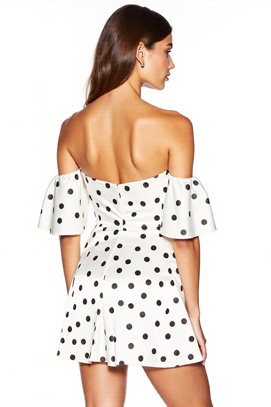 White and Black Off the Shoulder Tight Short Polka Dot Dress with Slit