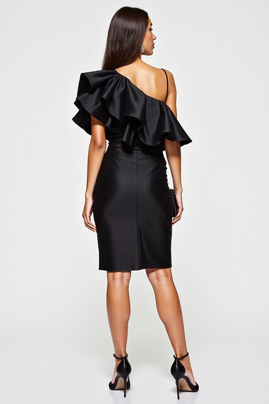 Black Tight One Shoulder Short Cocktail Dress with Ruffles
