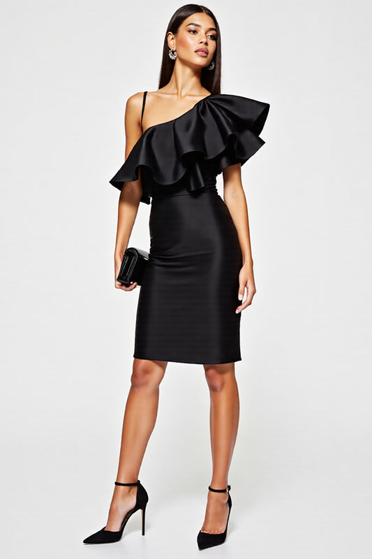 Black Tight One Shoulder Short Cocktail Dress with Ruffles