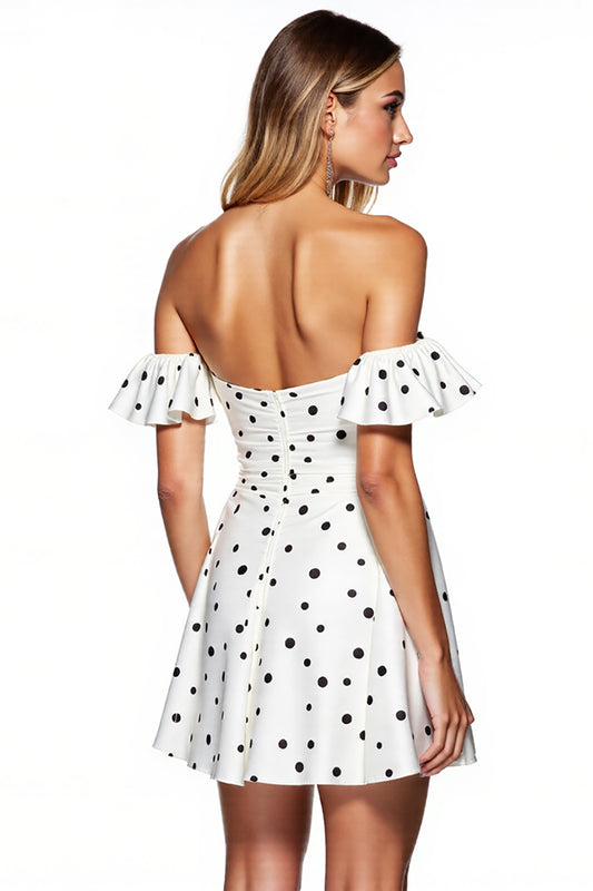 White and Black Strapless Short Polka Dot Dress with Sleeves