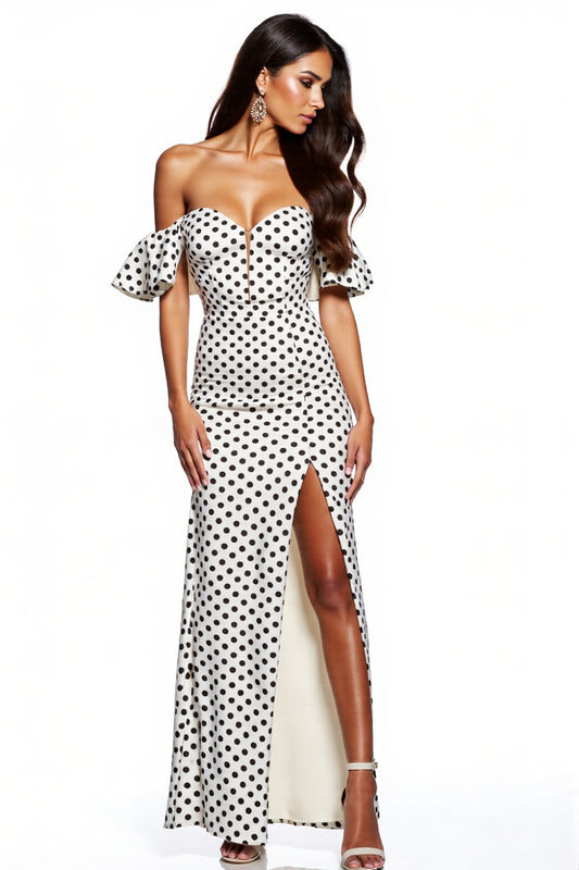 Black and White Maxi Sheath Polka Dot Dress with Slit