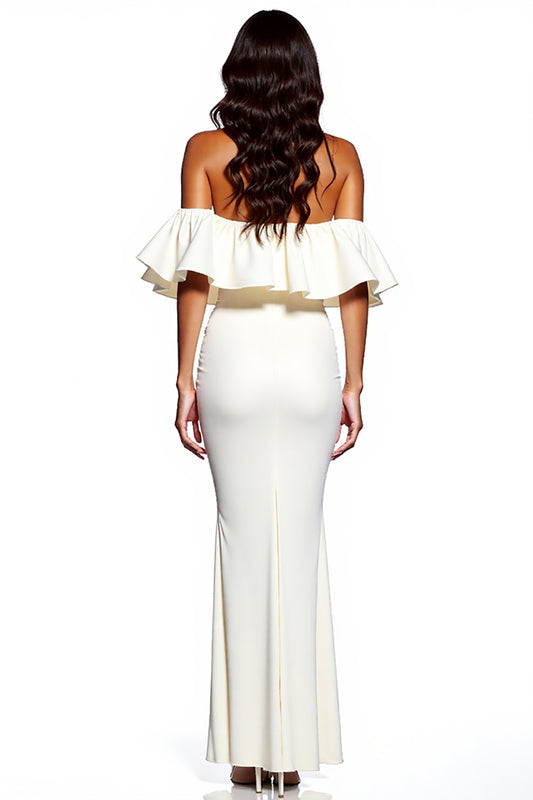 White Off the Shoulder Sheath Satin Maxi Formal Dress with Slit