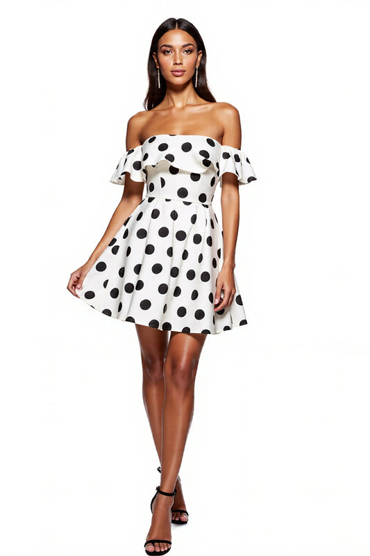 White and Black Off the Shoulder Short A Line Polka Dot Dress