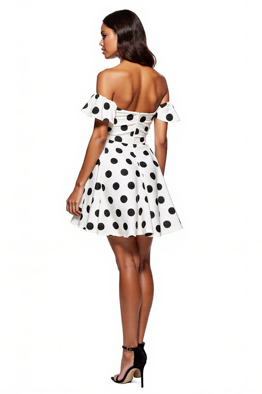 White and Black Off the Shoulder Short A Line Polka Dot Dress