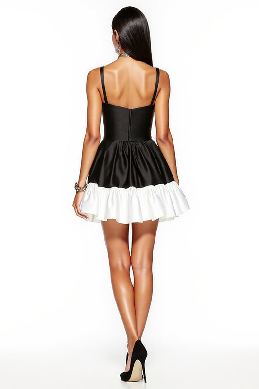 Black and White Patchwork Spaghetti Straps A Line Short Satin Cocktail Dress