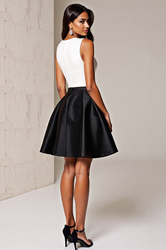 Simple Black and White Patchwork Deep V-Neck Short Satin Cocktail Dress