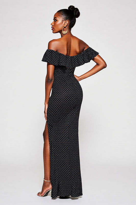 Black and White Off the Shoulder Maxi Mermaid Polka Dot Dress with Slit