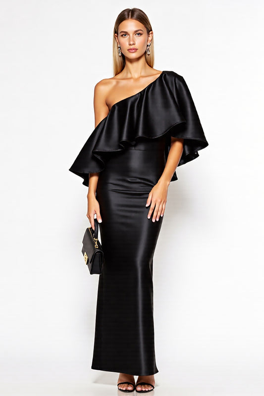 Black Sheath One Shoulder Satin Long Black Tie Dress with Ruffles
