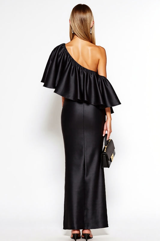 Black Sheath One Shoulder Satin Long Black Tie Dress with Ruffles