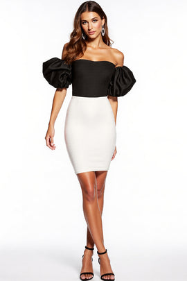 Black and White Patchwork Strapless Puff Sleeves Short Tight Cocktail Dress