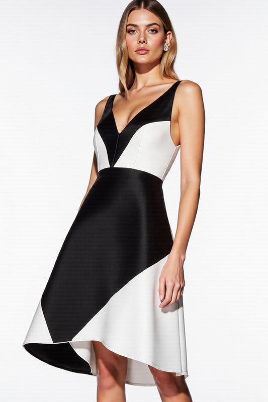 Black and White Patchwork V-Neck A Line Short Cocktail Dress