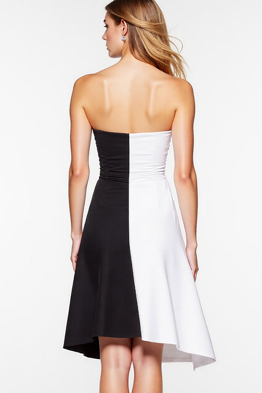 Black and White Patchwork Strapless Short Cocktail Dress with Slit