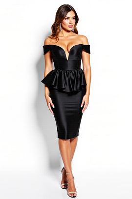 Black Corset Off the Shoulder Midi Satin Cocktail Dress with Ruffles