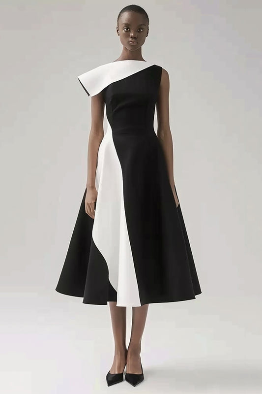 Black and White Patchwork A Line Asymmetrical Neck Black Tie Dress