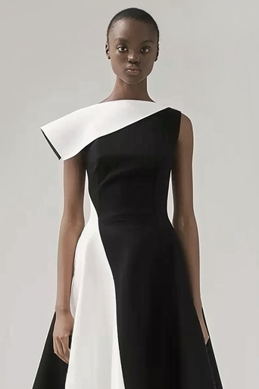 Black and White Patchwork A Line Asymmetrical Neck Black Tie Dress
