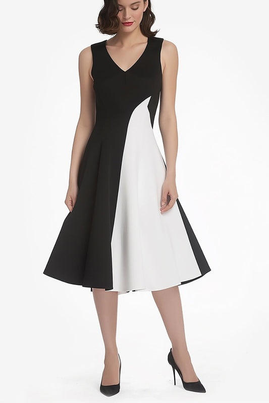 Chic Black and White V-Neck A Line Midi Cocktail Dress
